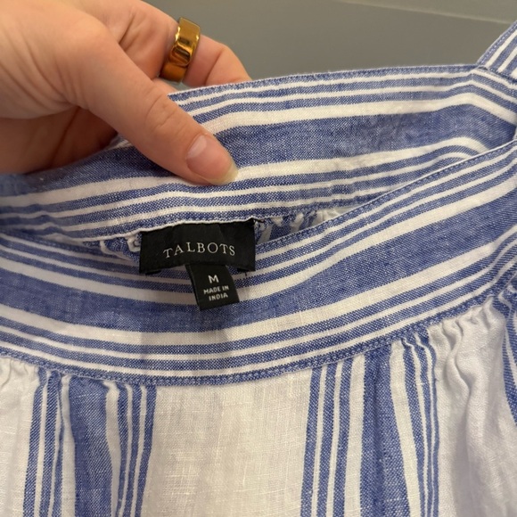 Talbots 100% Linen Blue & White Striped Blouse Sz Med Vacation Summer Classy - Picture 7 of 8